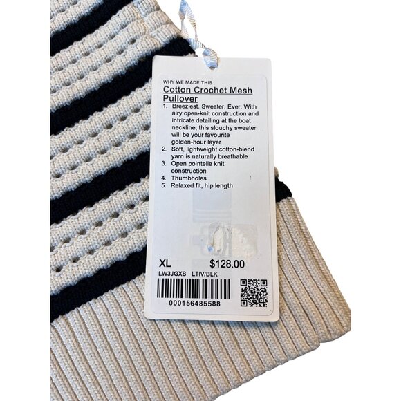 Lululemon Cotton Crochet Pullover Sweater Light Ivory/Black XL Open-Knit - Picture 4 of 4